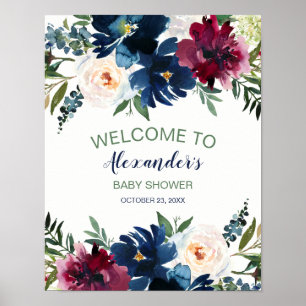 Póster Watercolor de la Marina de Borgoña Flores Baby Sho