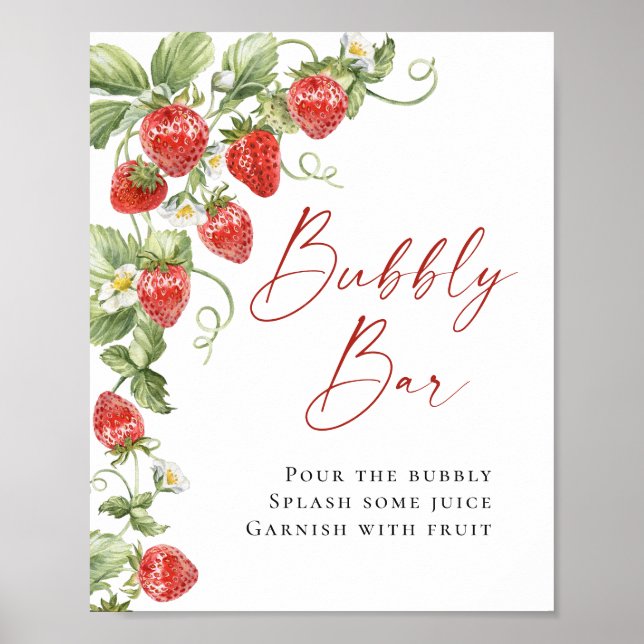 Póster Watercolor de moda Strawberry Bridal Bubbly Bar (Frente)