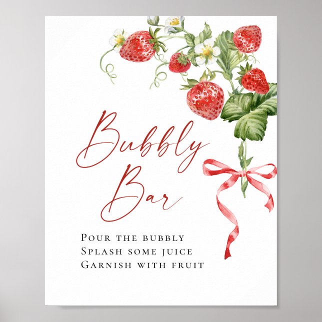 Póster Watercolor de moda Strawberry Bridal Bubbly Bar (Frente)