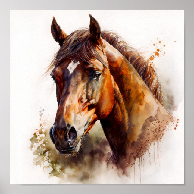 Póster Watercolor de retrato de caballo marrón (Frente)