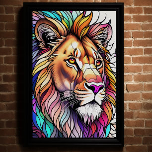 Póster Watercolor Estilo Vidrio Manchado León 2:3 Poster