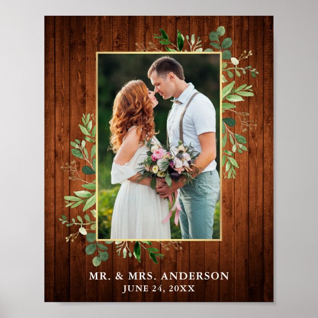 Póster Watercolor Eucalyptus Greenery Gold Wood Photo (Frente)