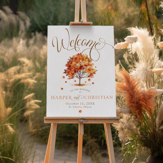 Póster Watercolor Fall Tree Calligraphy Wedding Welcome (Elegant burnt orange brown white Fall leaves tree Autumn wedding calligraphy welcome poster sign)