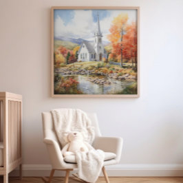 Póster Watercolor Fall Vermont Church, Vermont Art