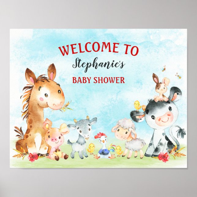 Póster Watercolor Farm Animals Baby Shower (Frente)