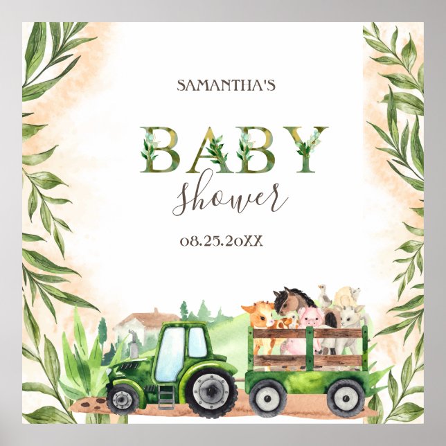 Póster Watercolor Farm Animals Tractor Baby Shower (Frente)