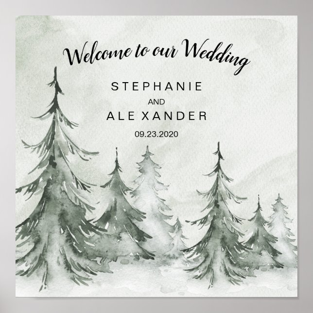 Póster Watercolor Fir Trees Boda de Invierno (Frente)
