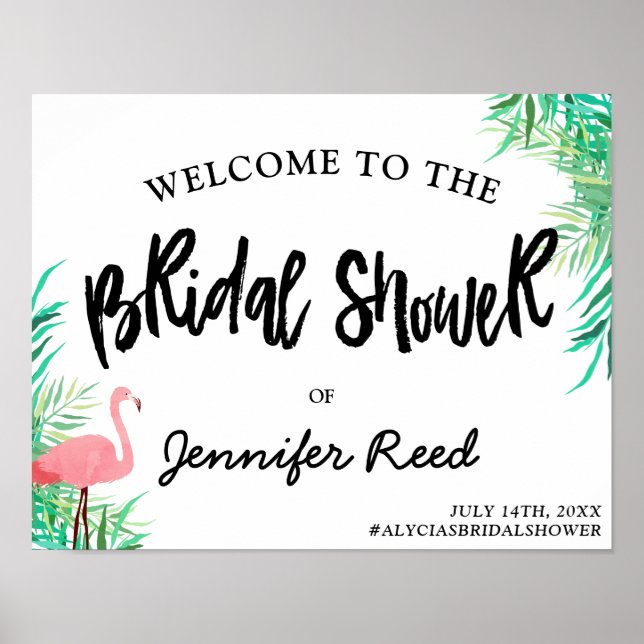 Póster Watercolor Flamingo Tropical Bridal Shower Welcome (Frente)