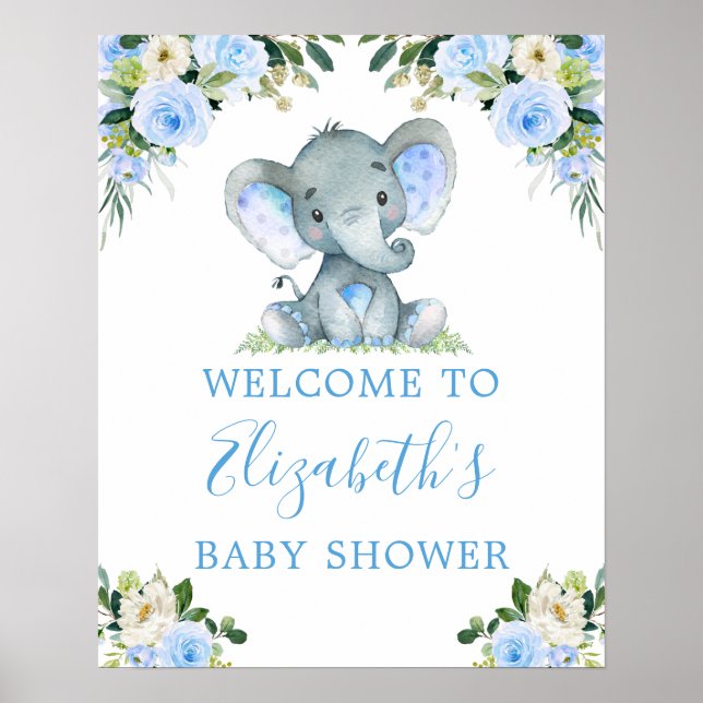 Póster Watercolor Floral Blue Elephant Baby Shower (Frente)