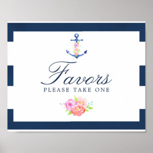 Póster Watercolor Floral Boda Náutica Favorece el Rótulo