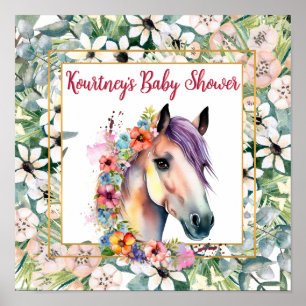 Póster Watercolor Floral Horse Baby Shower