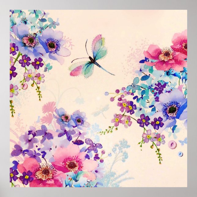 Póster Watercolor Floral Mariposa Jardín Purpurina (Frente)