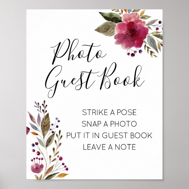 Póster Watercolor Floral Photo Guest Book Boda Rótulo (Frente)