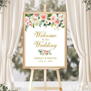 Póster Watercolor Floral Rosa Boda Rubor Bienvenida Oro