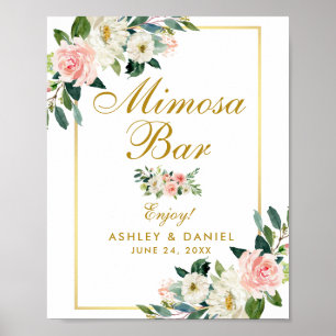 Póster Watercolor Floral Rosa Boda Rubor Gold Mimosa