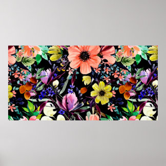 Póster Watercolor floral seamless pattern. Different buds