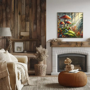 Póster Watercolor Forest Mushrooms Foliage Fungi Art