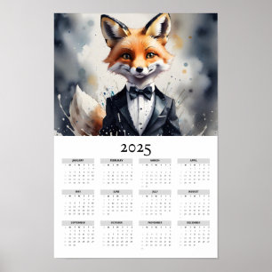 Póster Watercolor Fox Tuxedo Bow Tie 2025 Wall Calendar