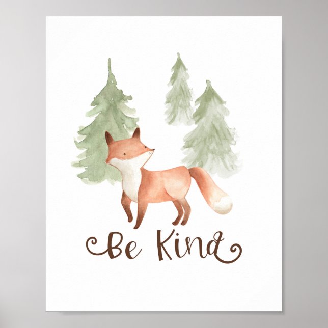 Póster Watercolor Fox Woodland Friends Be Kind Nursery (Frente)