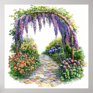 Póster Watercolor Garden Gate Flowery Painting