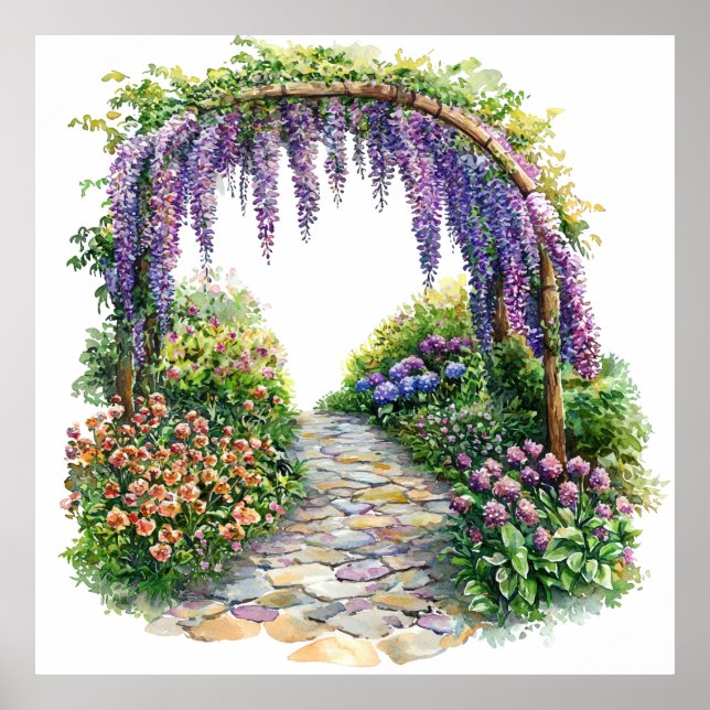 Póster Watercolor Garden Gate Flowery Painting (Frente)