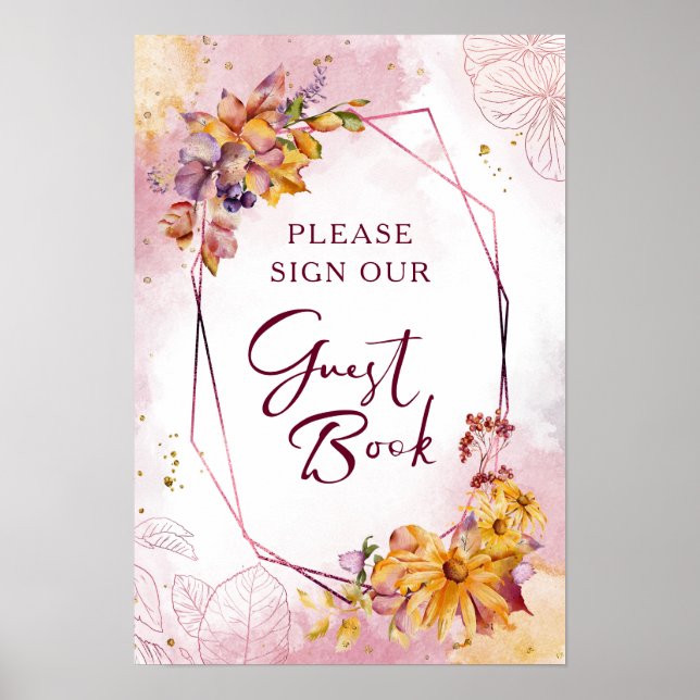 Póster Watercolor Geométrico Floral Fall Marsala Boda (Frente)