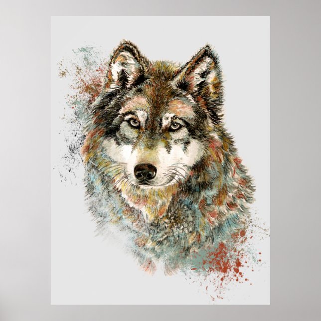 Póster Watercolor Gray Wolf Wildlife Animal Nature Art (Frente)