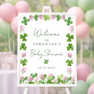 Póster Watercolor Green Clovers Baby Shower Welcome Sign
