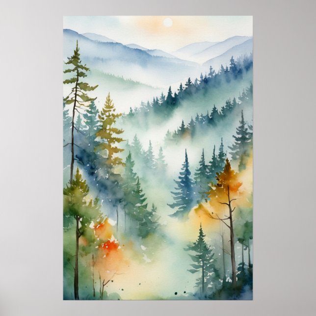 Póster Watercolor Green Pine Forest Mountain (Frente)