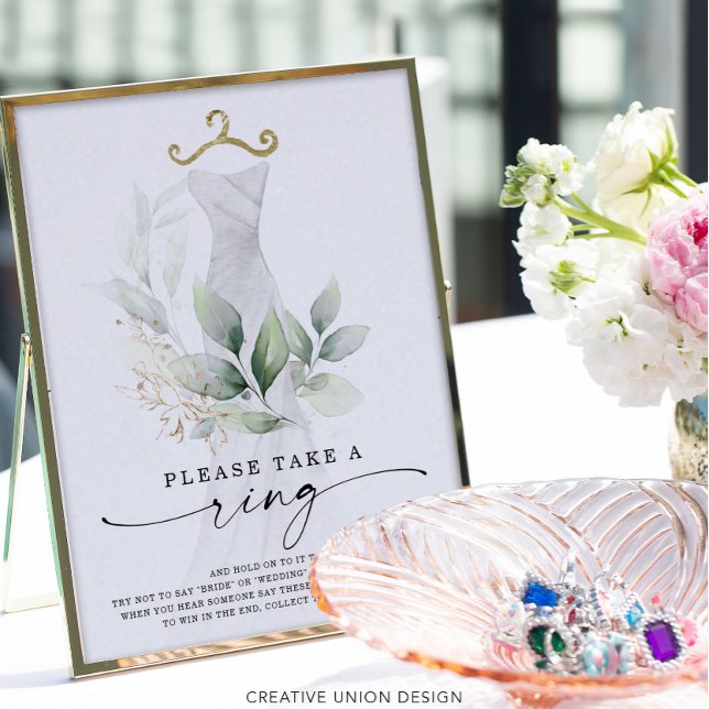 Póster Watercolor Greenery Gold Bridal Shower Ring Game (Subido por el creador)