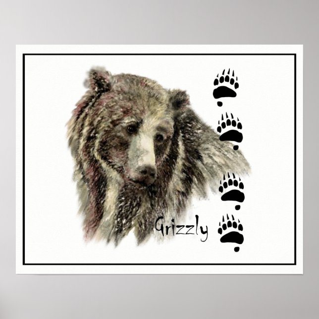 Póster Watercolor Grizzly Bear Animal Nature Art (Frente)