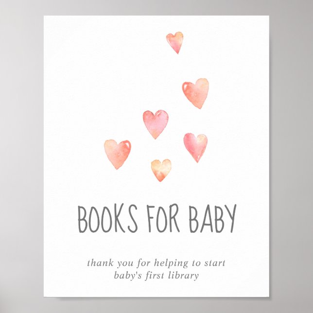 Póster Watercolor Hearts Baby Shower Books para el Rótulo (Frente)
