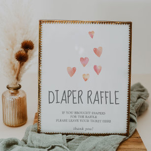 Póster Watercolor Hearts Baby Shower Diaper Raffle Rótulo