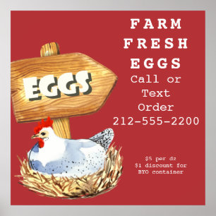 Póster Watercolor Hen Farm Fresh Eggs Poster