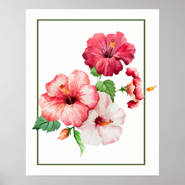 Póster Watercolor Hibiscus Tropical Flowers (Frente)