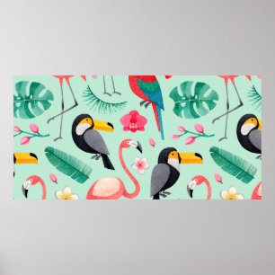Póster Watercolor illustrations of birds, tropical flower