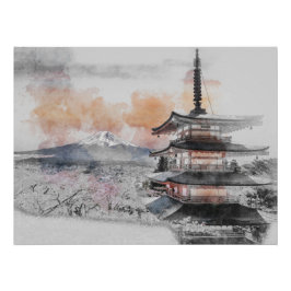 Póster Watercolor Japanese Pagoda & Mt. Fuji 