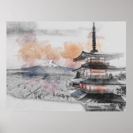 Póster Watercolor Japanese Pagoda & Mt. Fuji 
