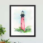Póster Watercolor Júiter Lighthouse Art<br><div class="desc">Perfecto para habitaciones, espacio de oficinas y zonas de estar en su casa costera de playa de Florida en Júpiter. Este poster presenta una reproducción de mi ilustracion de acuarela pintada a mano Júpiter en tonos rojos. Para ver más arte de Victoria Grigaliunas de Do Tell A Belle visite www.zazzle.com/dotellabelle...</div>