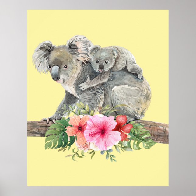 Póster Watercolor Koala Bears Cute Mom & Baby (Frente)