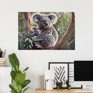 Póster Watercolor Koala y Bebé Joey en una pintura de árb