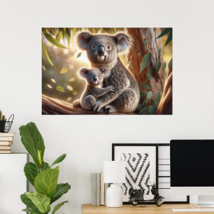 Póster Watercolor Koala y Bebé Joey en una pintura de árb