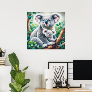 Póster Watercolor Koala y Bebé Joey en una pintura de árb