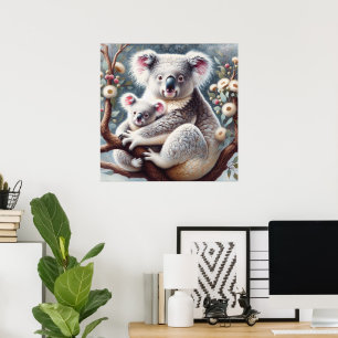 Póster Watercolor Koala y Bebé Joey en una pintura de árb