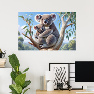 Póster Watercolor Koala y Bebé Joey en una pintura de árb