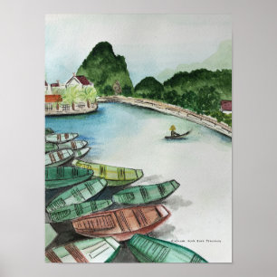 Póster Watercolor landscape, Vietnam, Tam Coc
