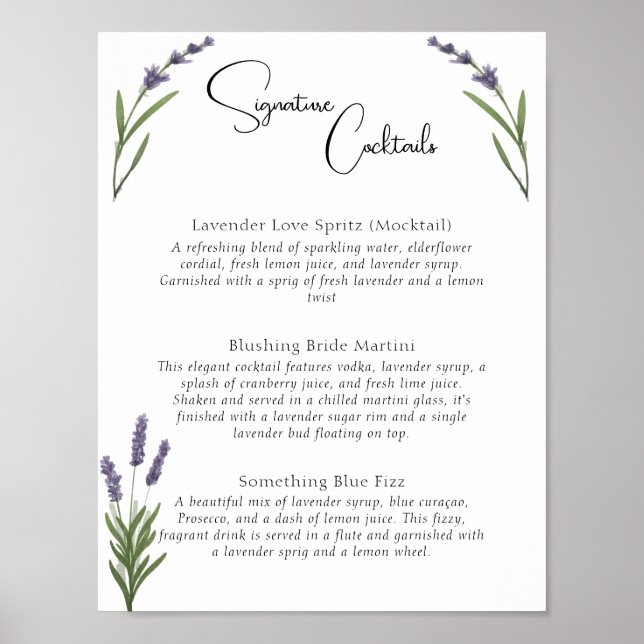 Póster Watercolor Lavender Bridal Signature Menú de bebid (Frente)