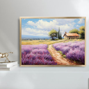 Póster Watercolor Lavender Fields Farmhouse Country Art