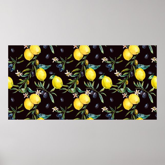 Póster Watercolor lemon and olive branches seamless patte (Frente)