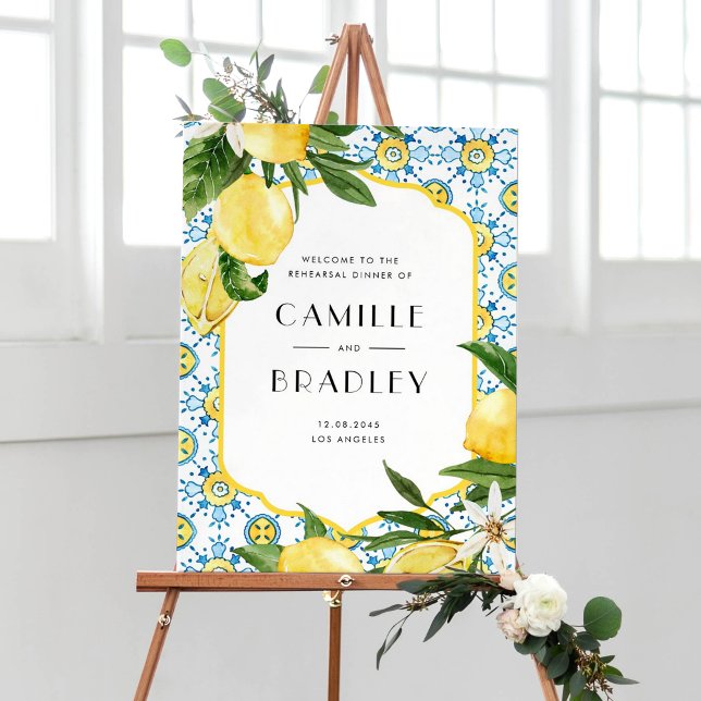 Póster Watercolor Lemon: Cena de ensayo mediterráneo (Customizable Mediterranean rehearsal dinner welcome sign featuring lemons and Moroccan tile pattern)